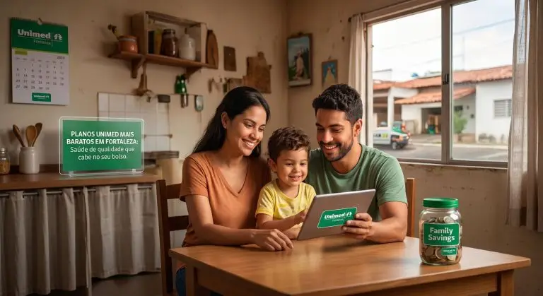 Planos Unimed mais baratos em Fortaleza — família comparando cobertura e preço